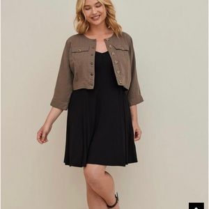 Torrid Crop Collarless Jacket - Cotton Brown size 3 (22-24) EUC